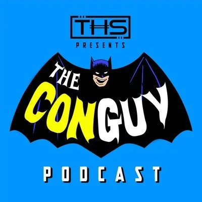 Logo for 'The Con Guy Podcast' featuring a cartoon Batman with a bat symbol and bold text.