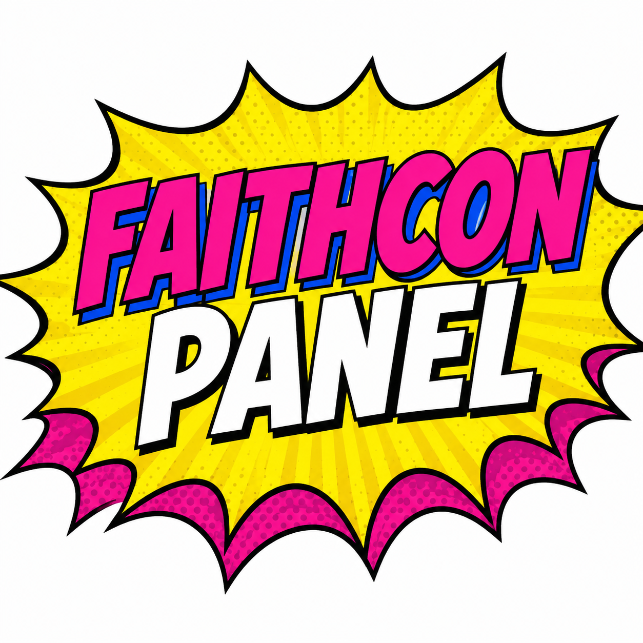 Comic book style graphic with a yellow burst background, pink and white bold text reading "Faithcon Panel".