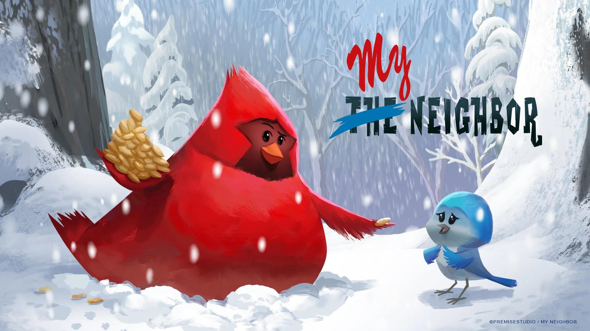 Animated scene of a red bird dressed as a superhero with a cape and holding sunflower seeds, talking to a small blue bird in a snowy forest with snow-covered trees and falling snowflakes, with the text "My The Neighbor" on the image.