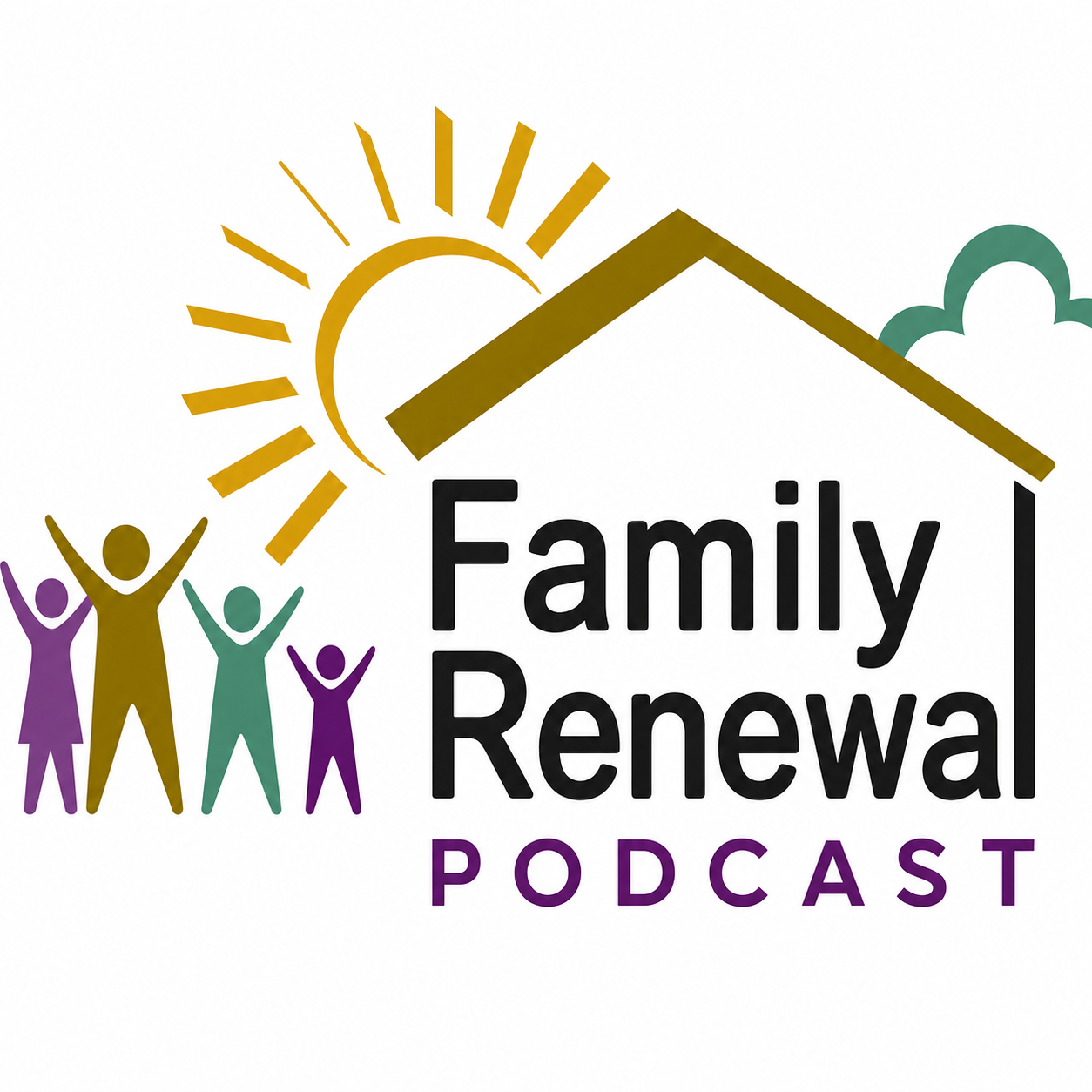 Logo for Family Renewal Podcast featuring a stylized house with a sun and clouds, and a group of people with raised hands in purple, green, and gold.