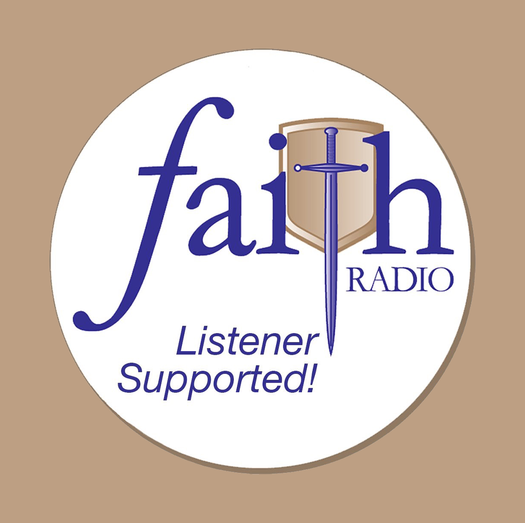Logo for Faith Radio with a shield incorporating a sword, and the text 'faith RADIO Listener Supported!' in blue on a white background.