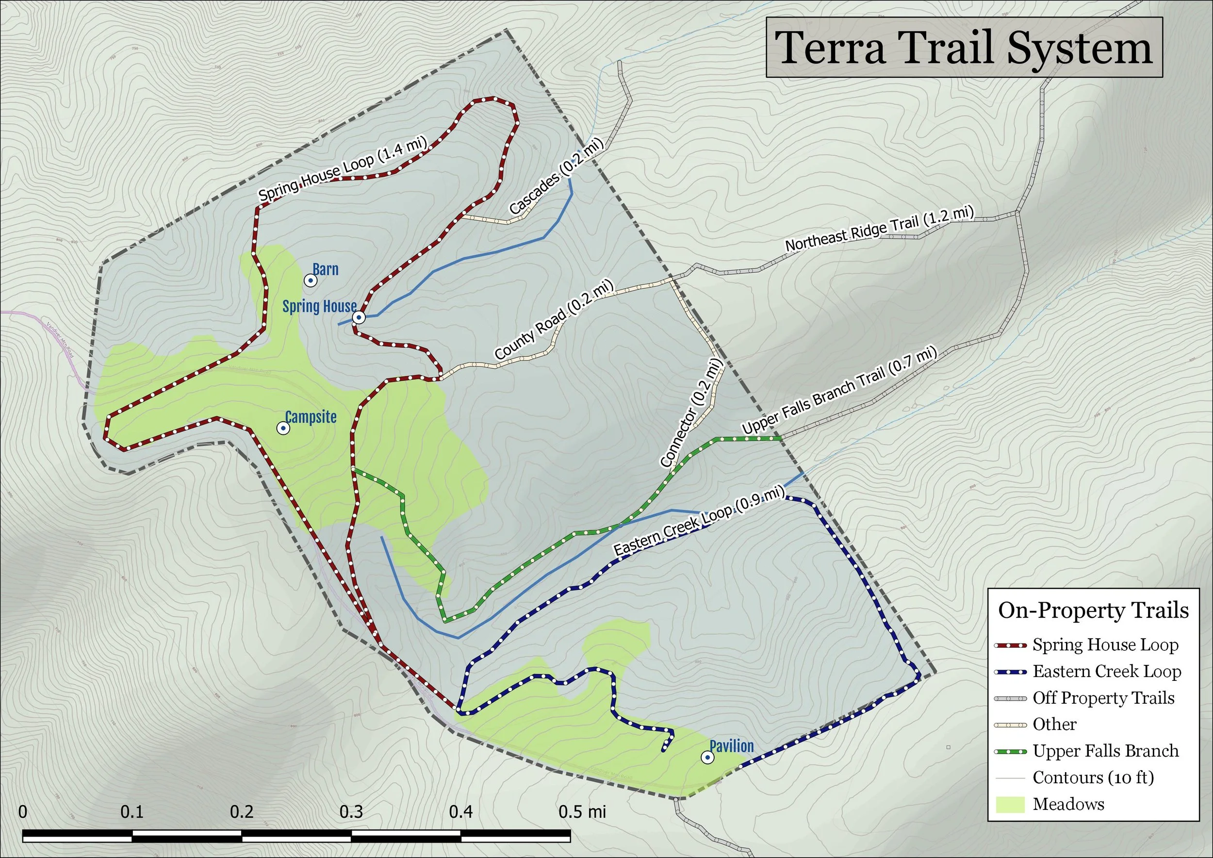 A detailed trail map of Terra Trail System showing various trails including Spring House Loop, Campsite Loop, Eastern Creek Loop, and others, with features like a barn, pavilion, meadows, and contour lines indicating elevation.