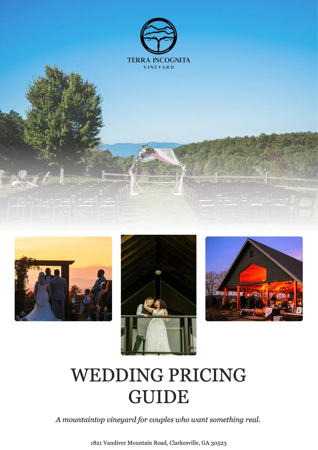 Cover page of a wedding pricing guide for Terra Incognita Vineyard, featuring outdoor wedding scenes and the vineyard's logo, with the address 1821 Vandiver Mountain Road, Clarkesville, GA 30523.