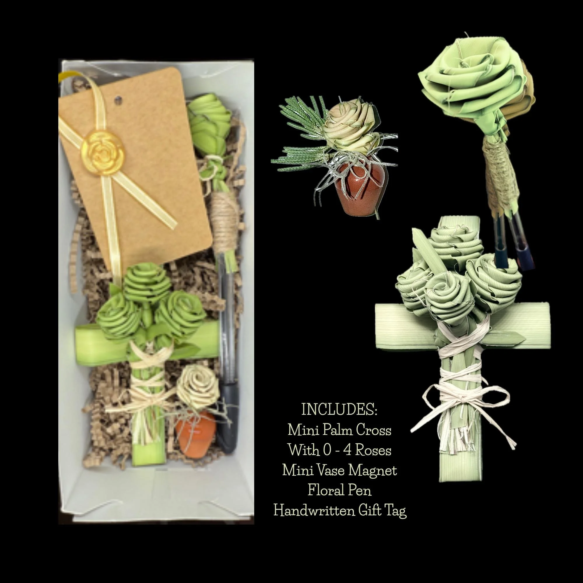Handmade mini cross gift box with roses, floral pen, and mini vase