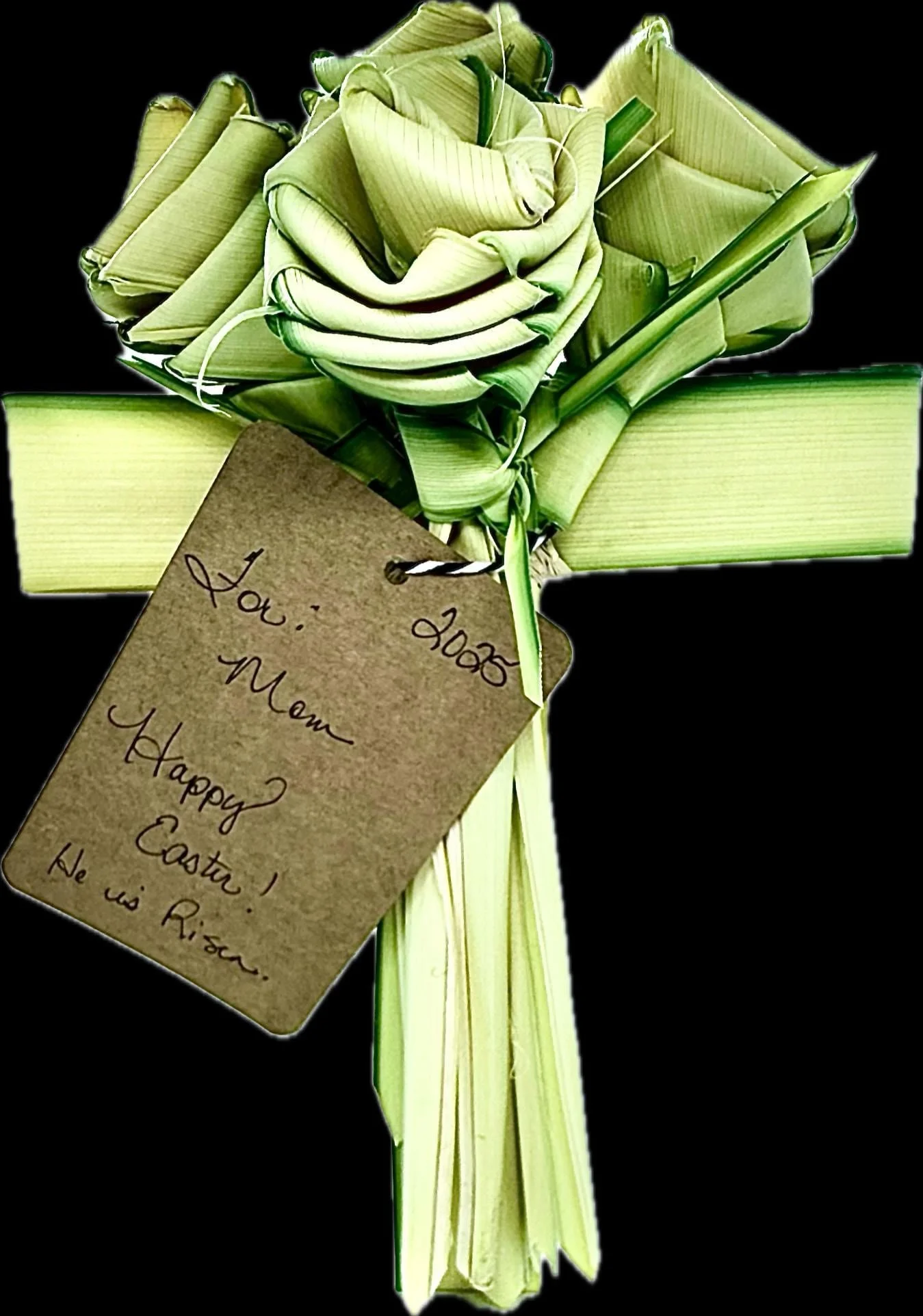 Handmade Catholic palm cross with roses for sympathy and memorial gifts