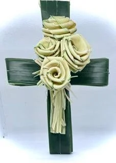Eco-friendly handmade palm cross with roses for Catholic devotion