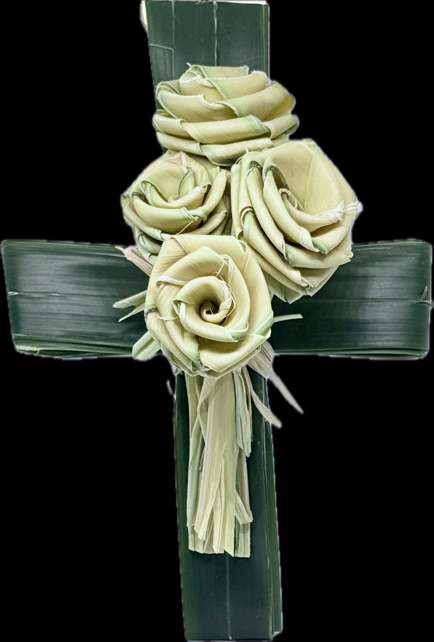 Handmade palm leaf memorial cross with roses for Christian sympathy gift