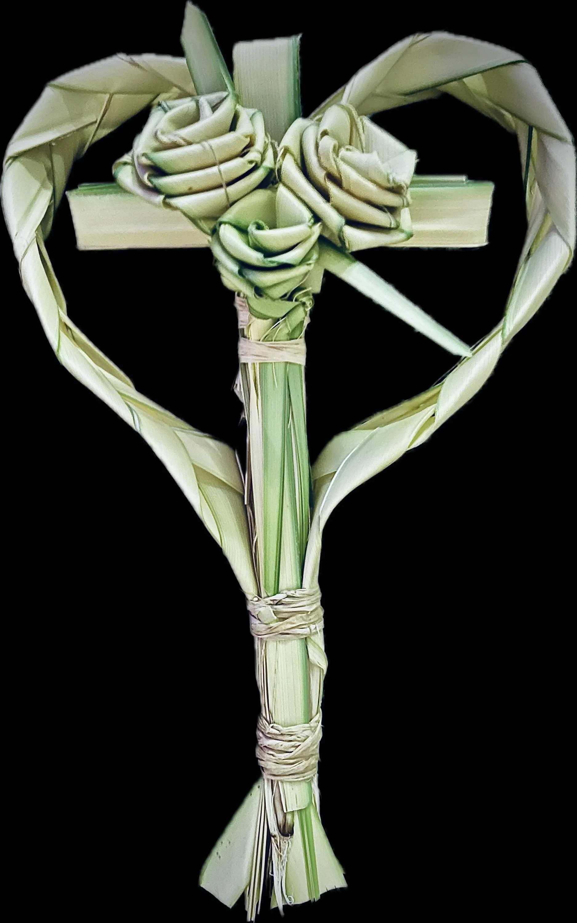 Handmade braided palm keepsake with roses for sympathy décor