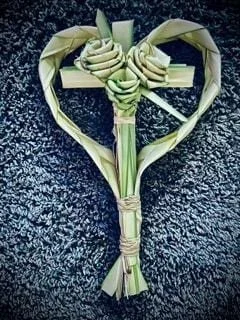 Rustic palm heart and cross with roses sympathy or memorial décor