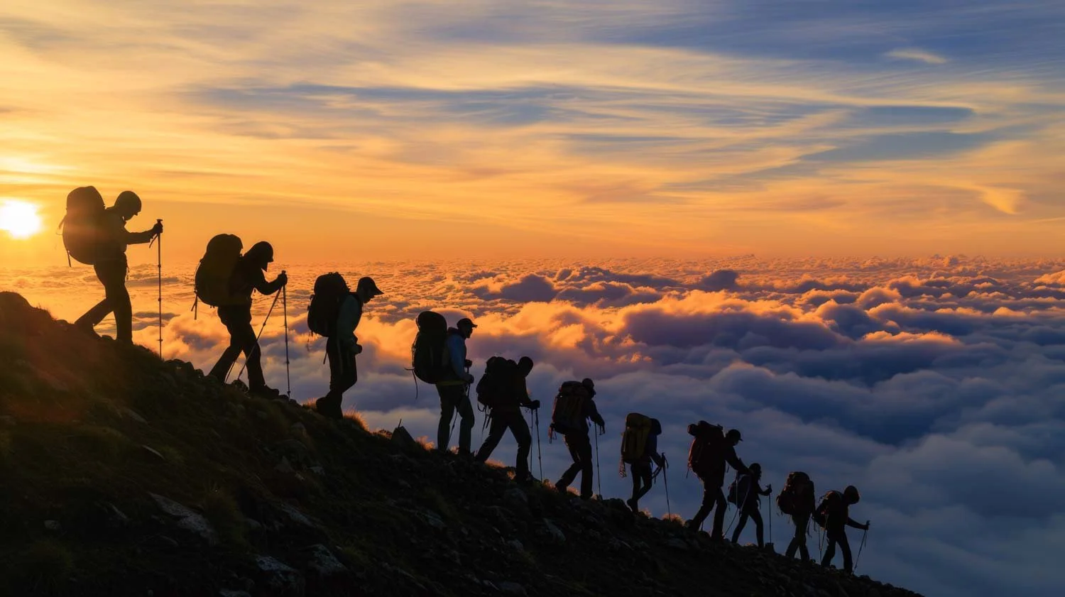 Silhouettes of hikers climbing a mountain at sunset, above a sea of clouds with a colorful sky.