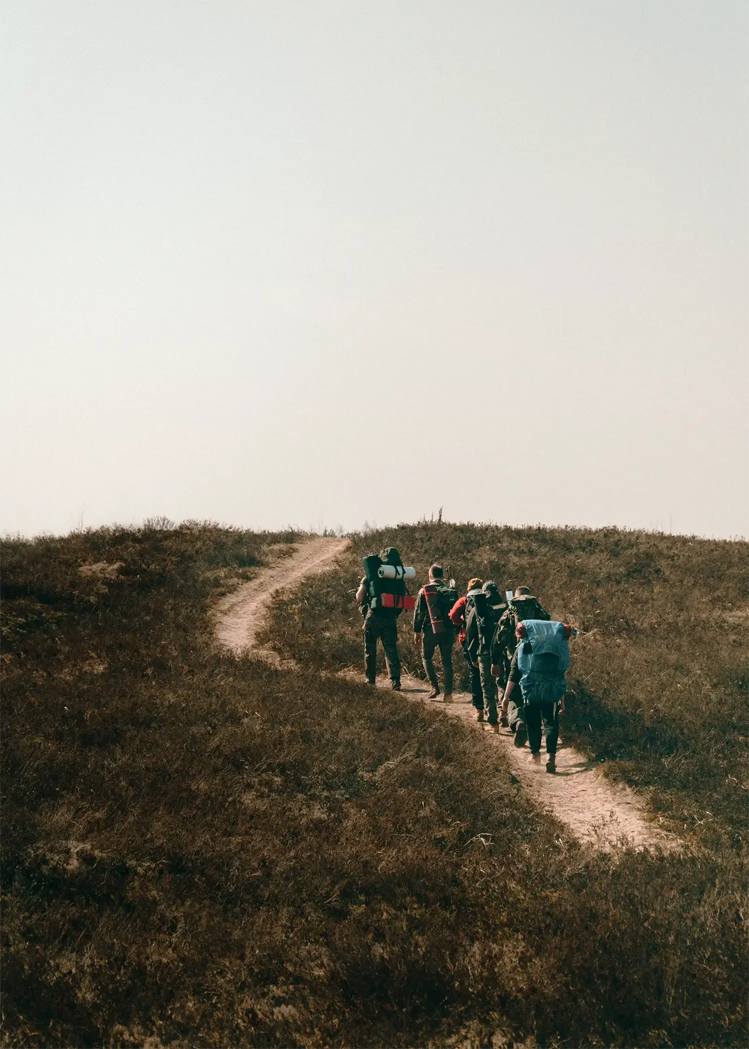 Group of hikers walking along a dirt trail on a hill with grass and shrubs