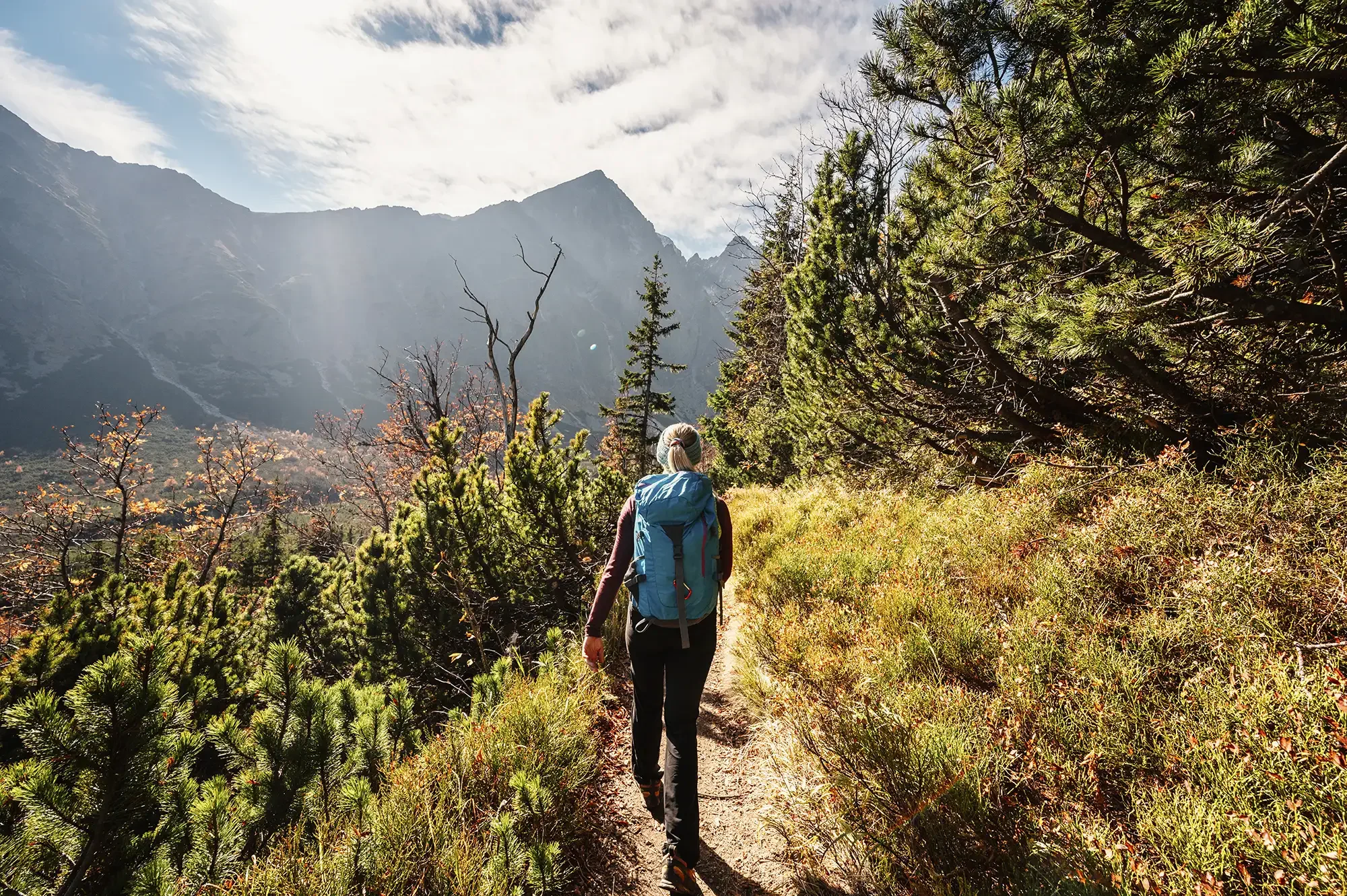A person hiking on a mountain trail surrounded by trees and mountains under a partly cloudy sky.