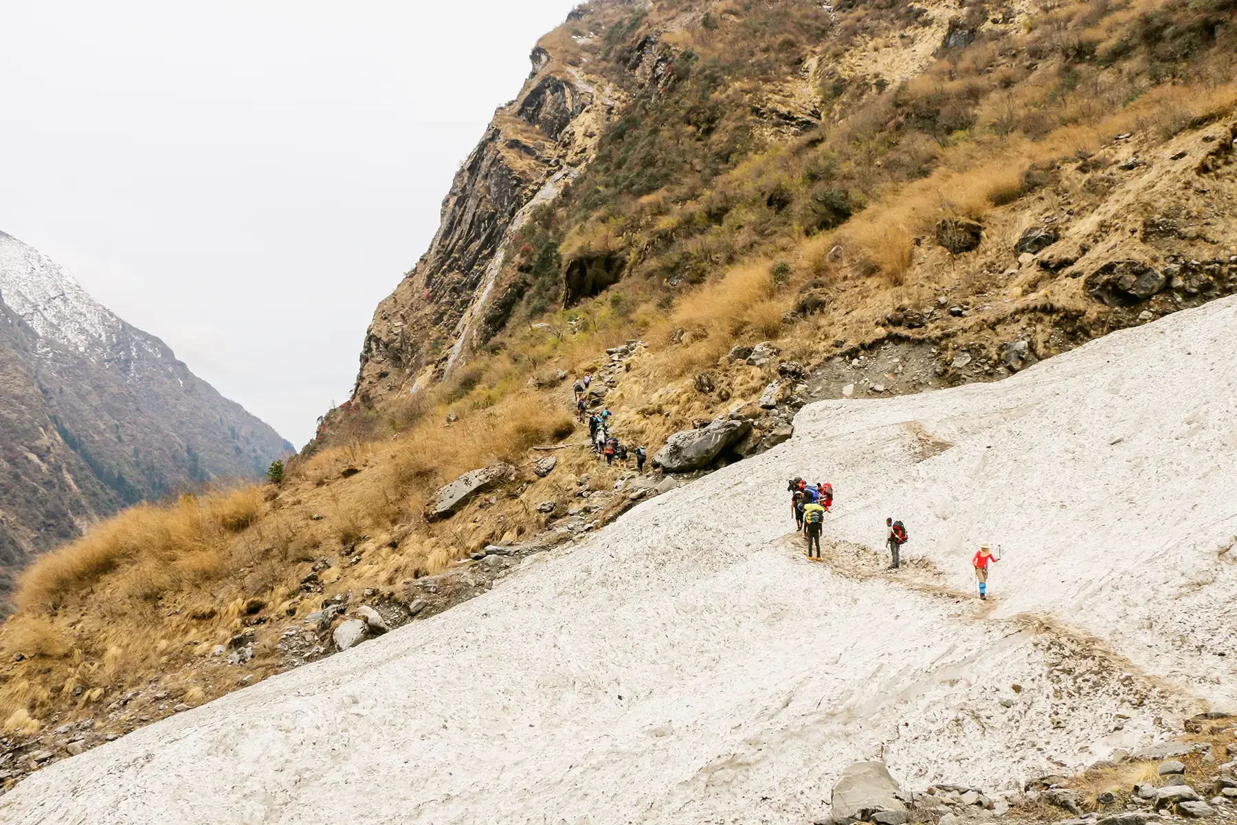 A group of hikers walking along a narrow mountain trail on a steep, rocky hillside with some dry grass and large rocks, with snow-capped mountains in the background.