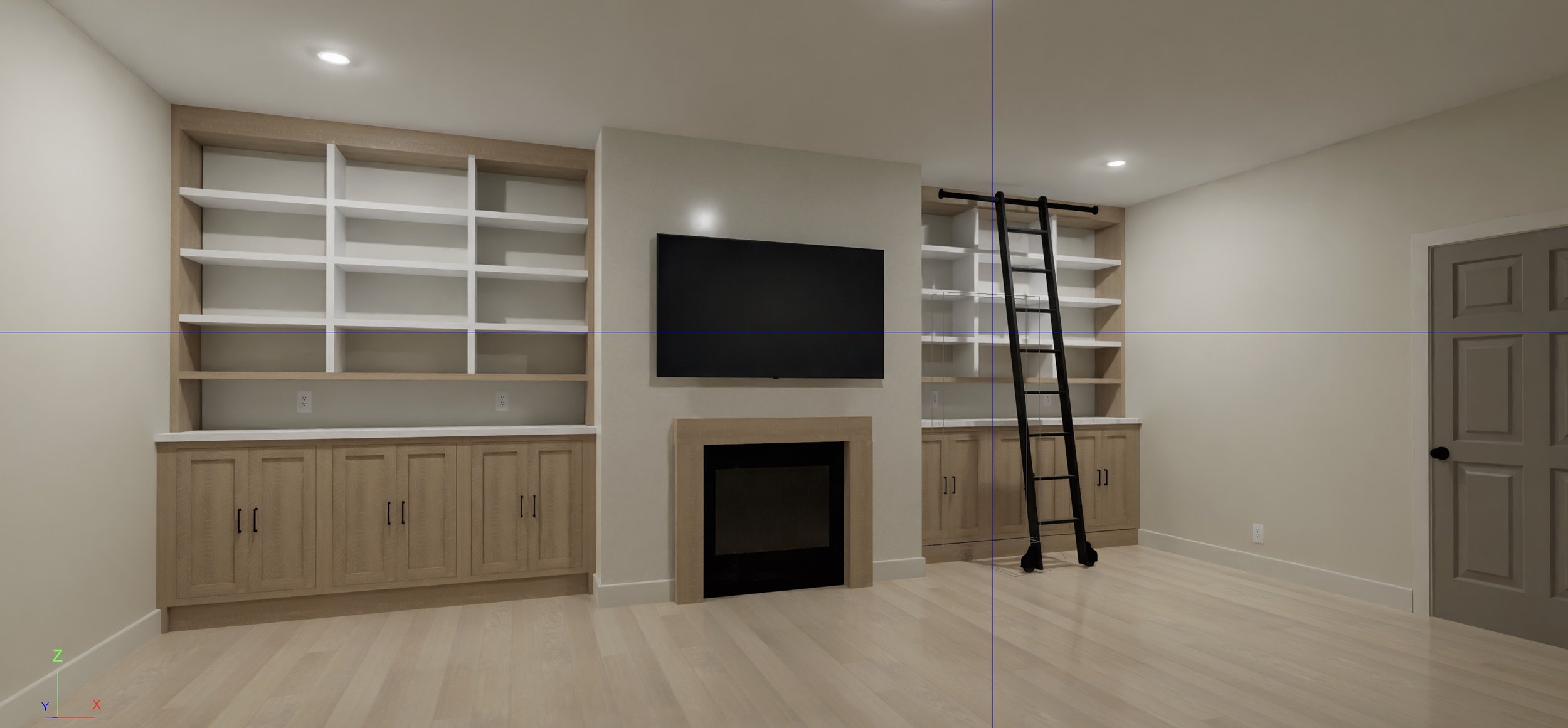 Living room with built-in shelves, a fireplace, a wall-mounted TV, a ladder, and hardwood floors.