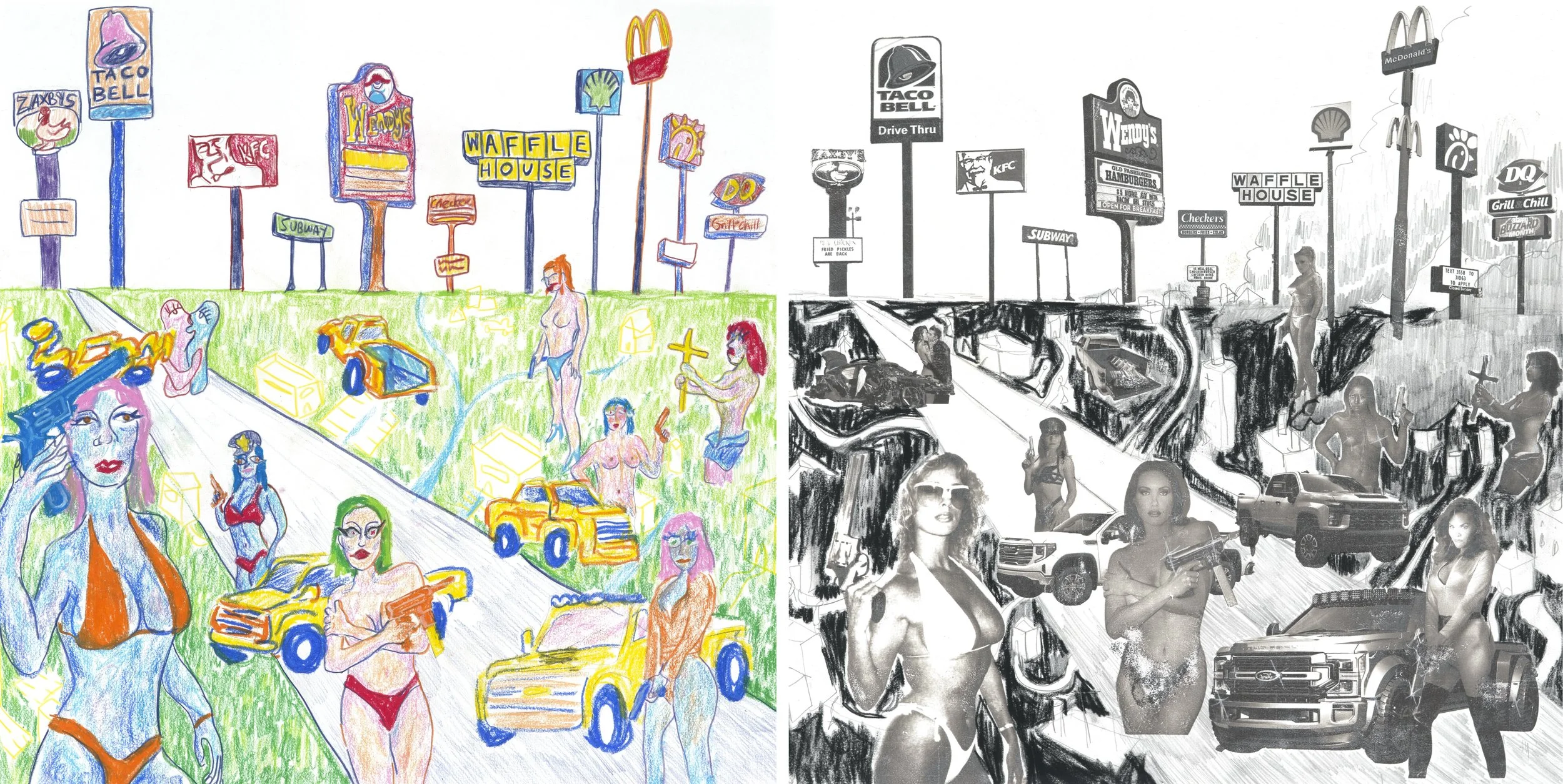 "Atlanta Highway" (diptych)
image transfer, charcoal, colored pencil, oil pastel and graphite on paper, 2024