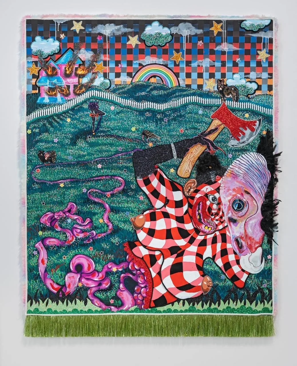 "Vicky’s World"
gouache, glitter, and fringe on wood panel, 72x60in, 2025