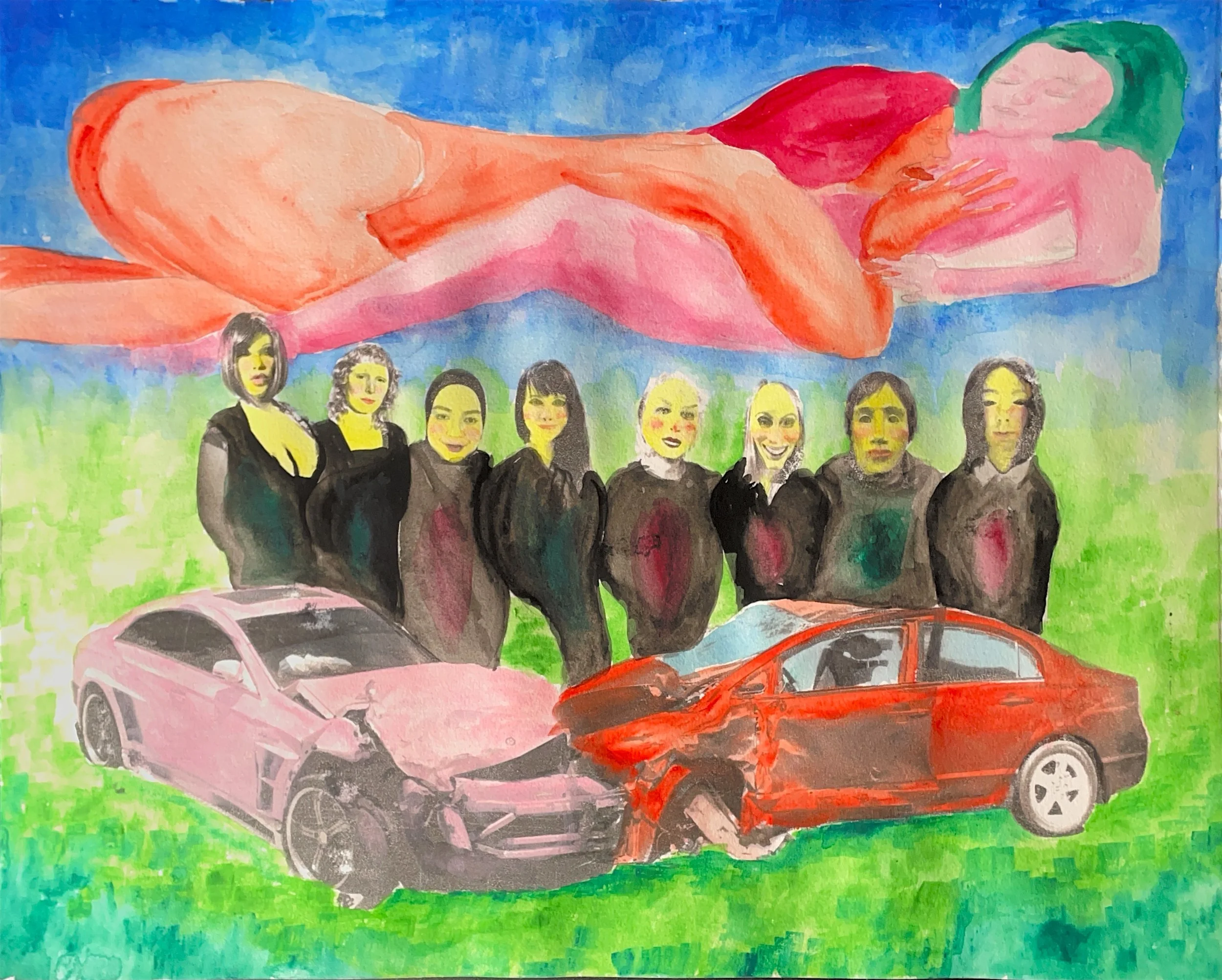 "Crash"
image transfer, oil pastel, gouache, watercolor, colored pencil on paper, 2025