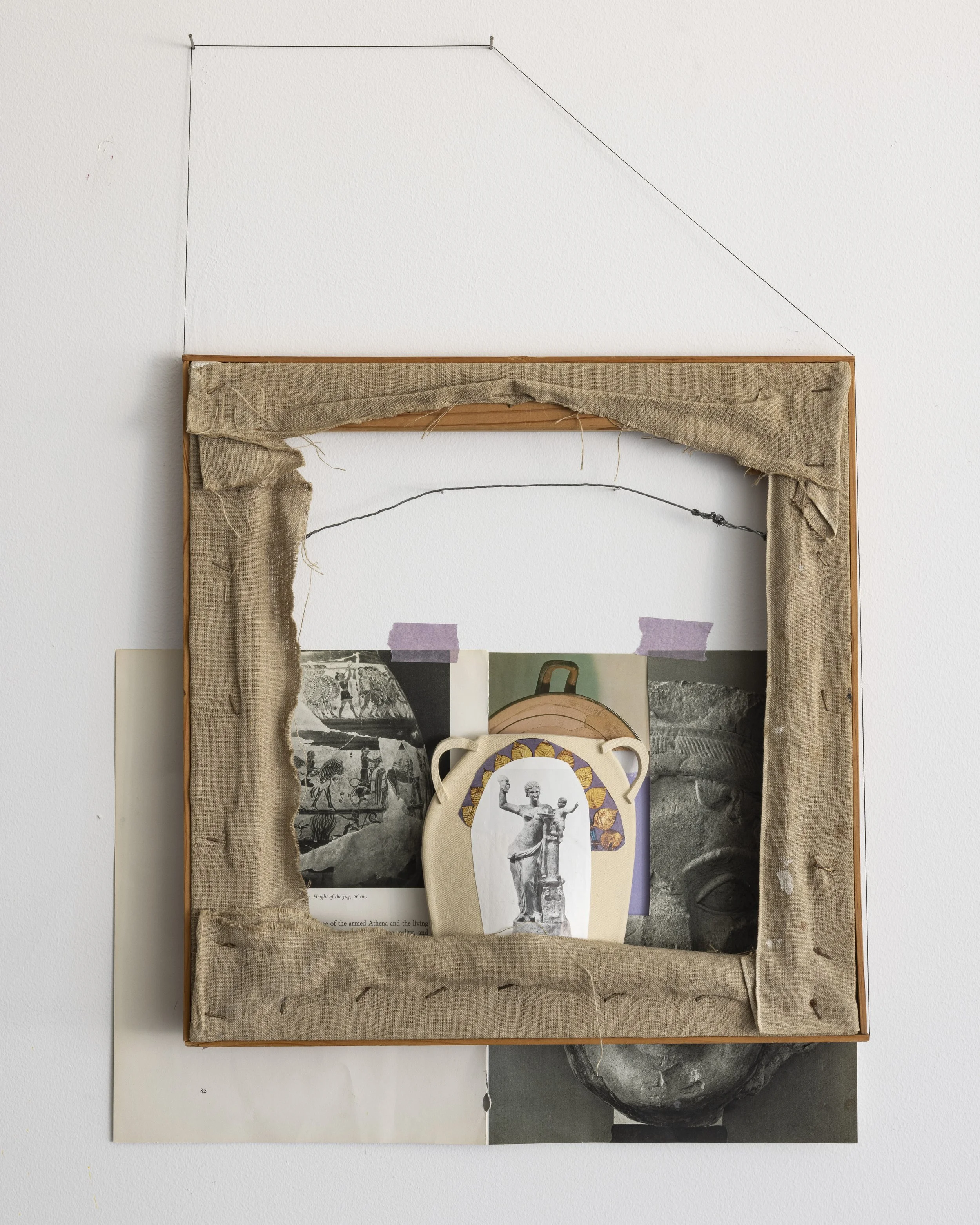 "Arches"
stretcher bars, wire, thread, collage, tape, ceramic, 30x21x2in, 2025