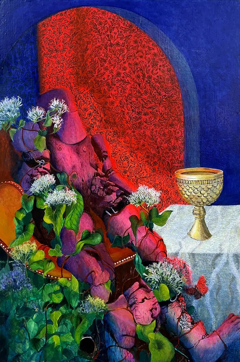 "Death of Sardanapalus, After Delacroix (With Climbing Hempvine and Metalmark)"
egg tempera on panel, 36x24in, 2025