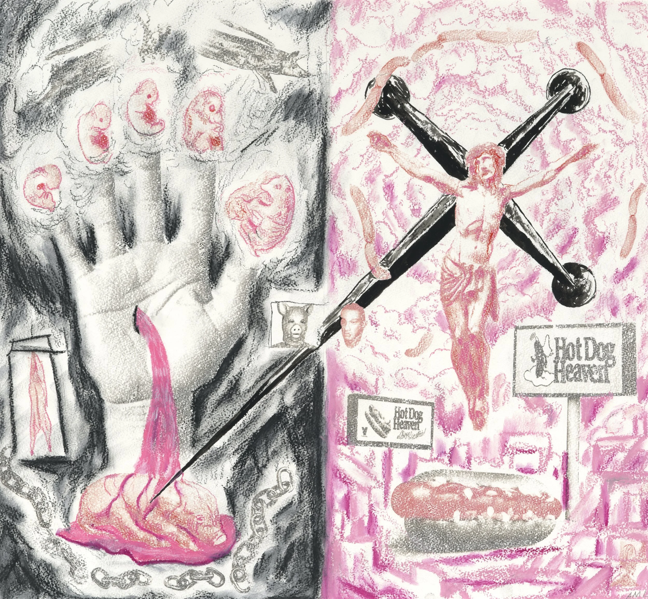 "Hot Dog Heaven"
image transfer, charcoal, oil pastel, gouache, watercolor, colored pencil on paper, 2025