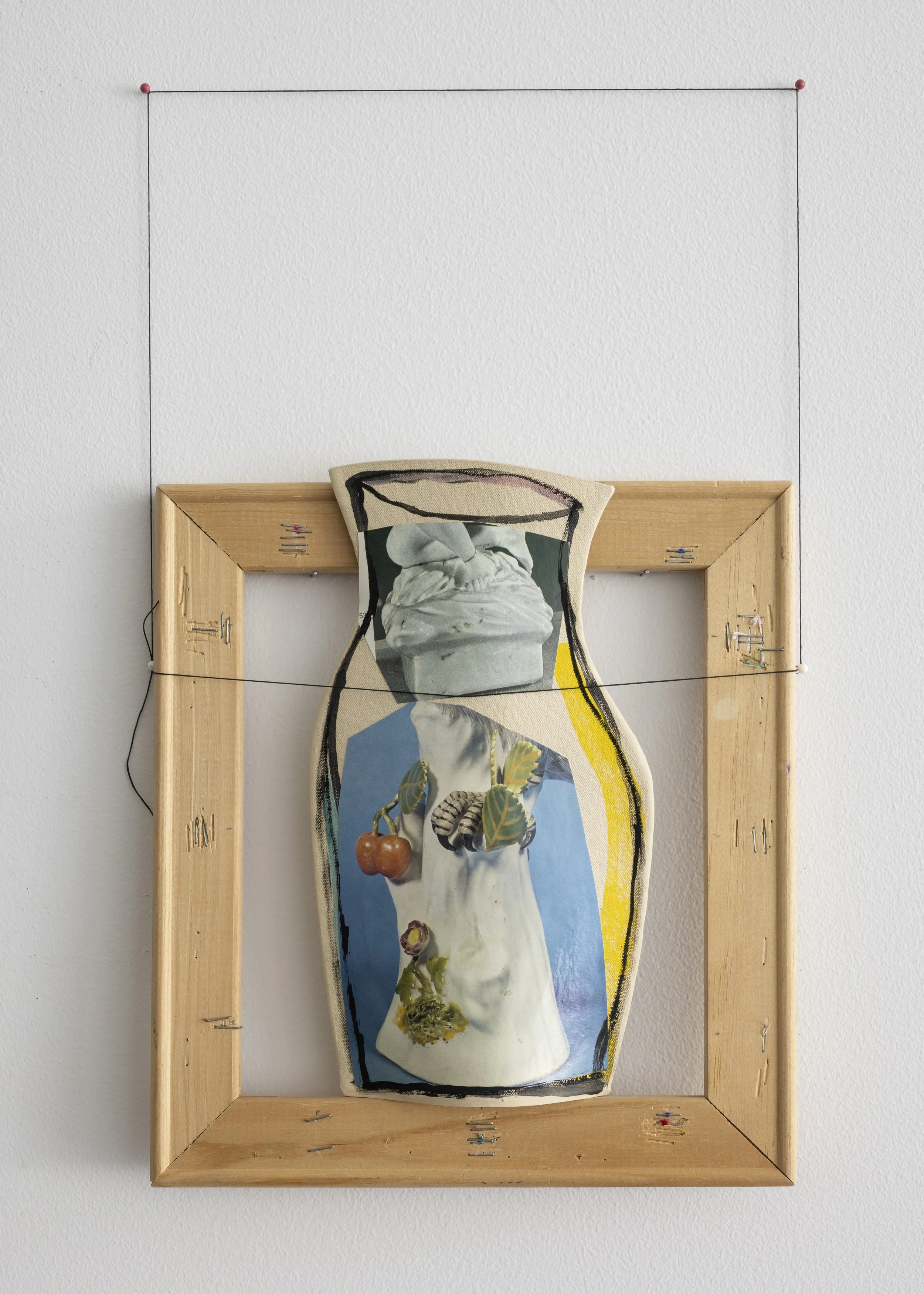 "Foot and Claw"
ceramic, collage, thread, pins, and string on found stretcher
bars, 20x10in, 2025