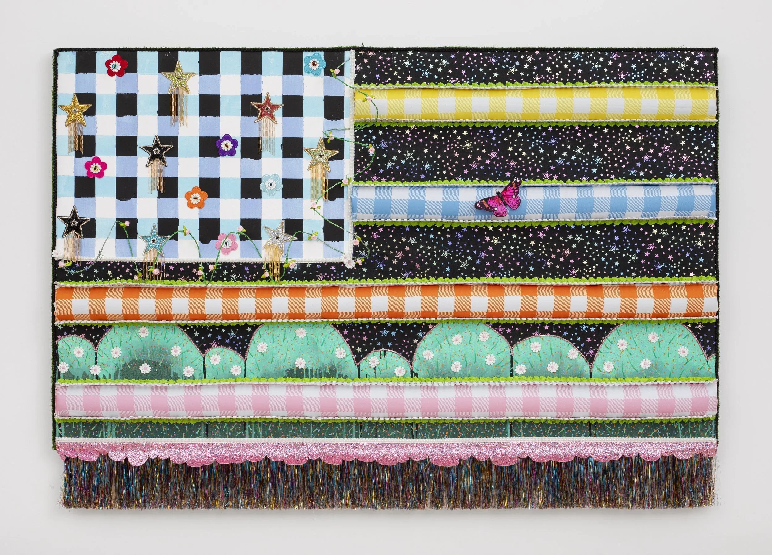 "Freak Flag V"
gouache, barbed wire, and glitter on panel, 36x 60x4in, 2025