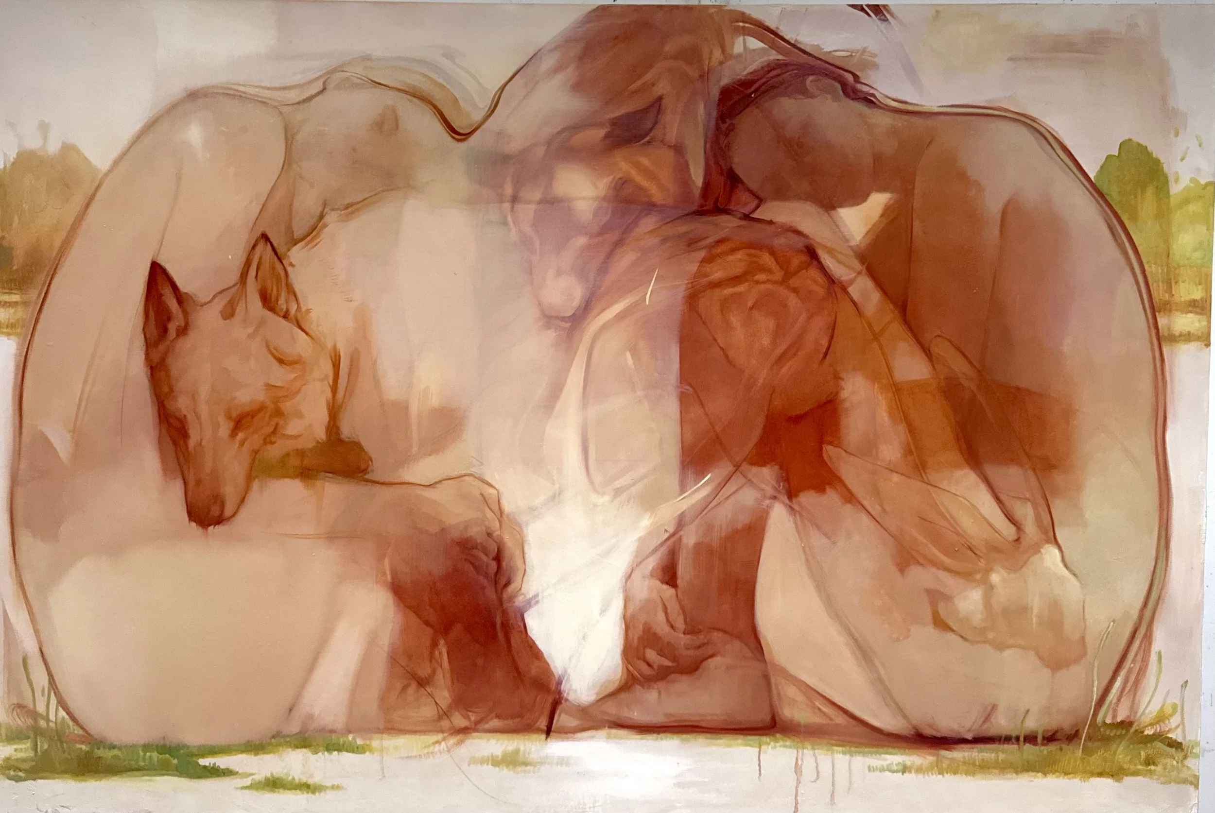 Madeline Owen
-
Two Embryos, 2026
Oil, quartz, fossil and glass on cavas 
48x72in
