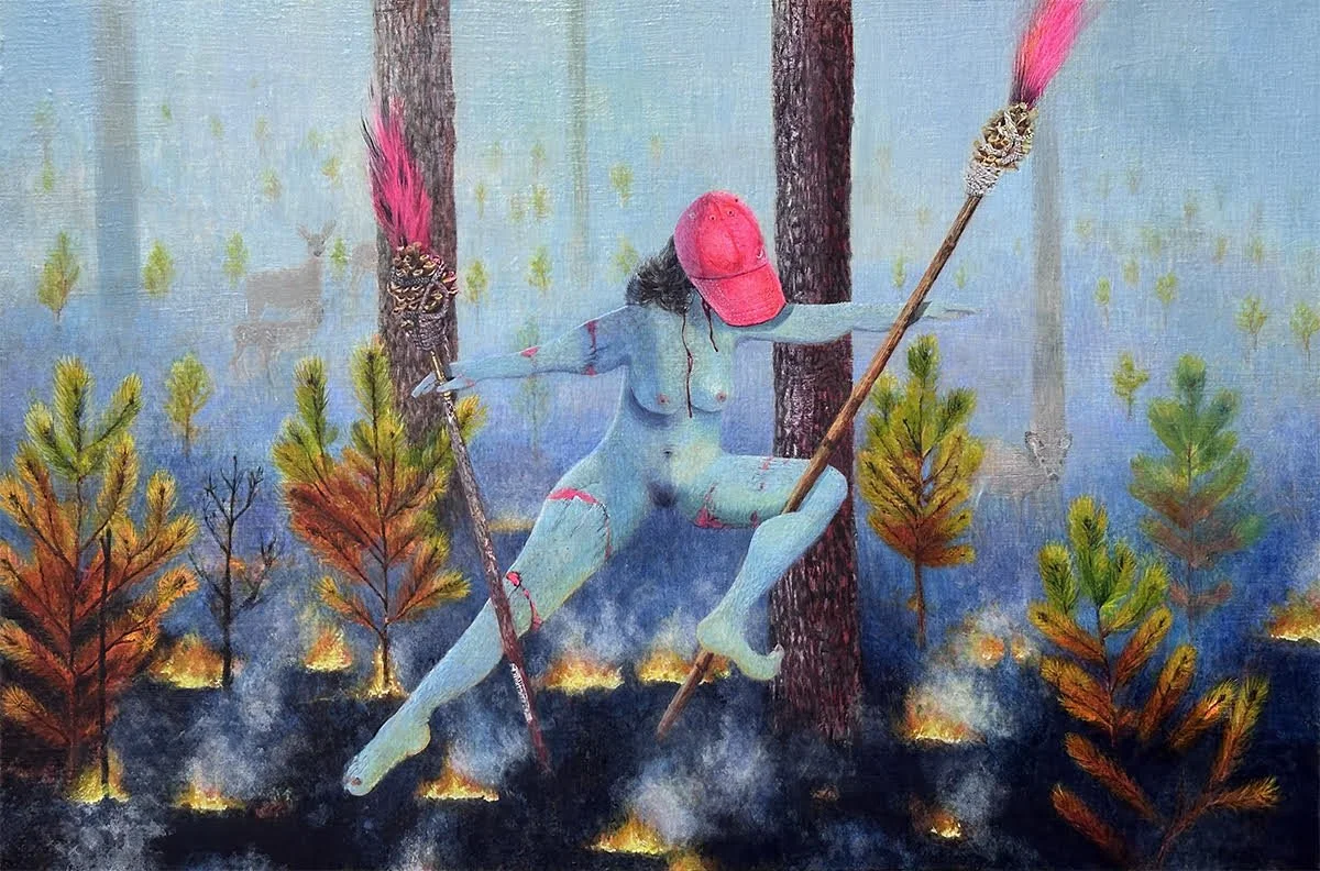 "Painter (With Thyrsi, Fawns, Fire, Loblollies)"
egg tempera on panel, 24x36in, 2026