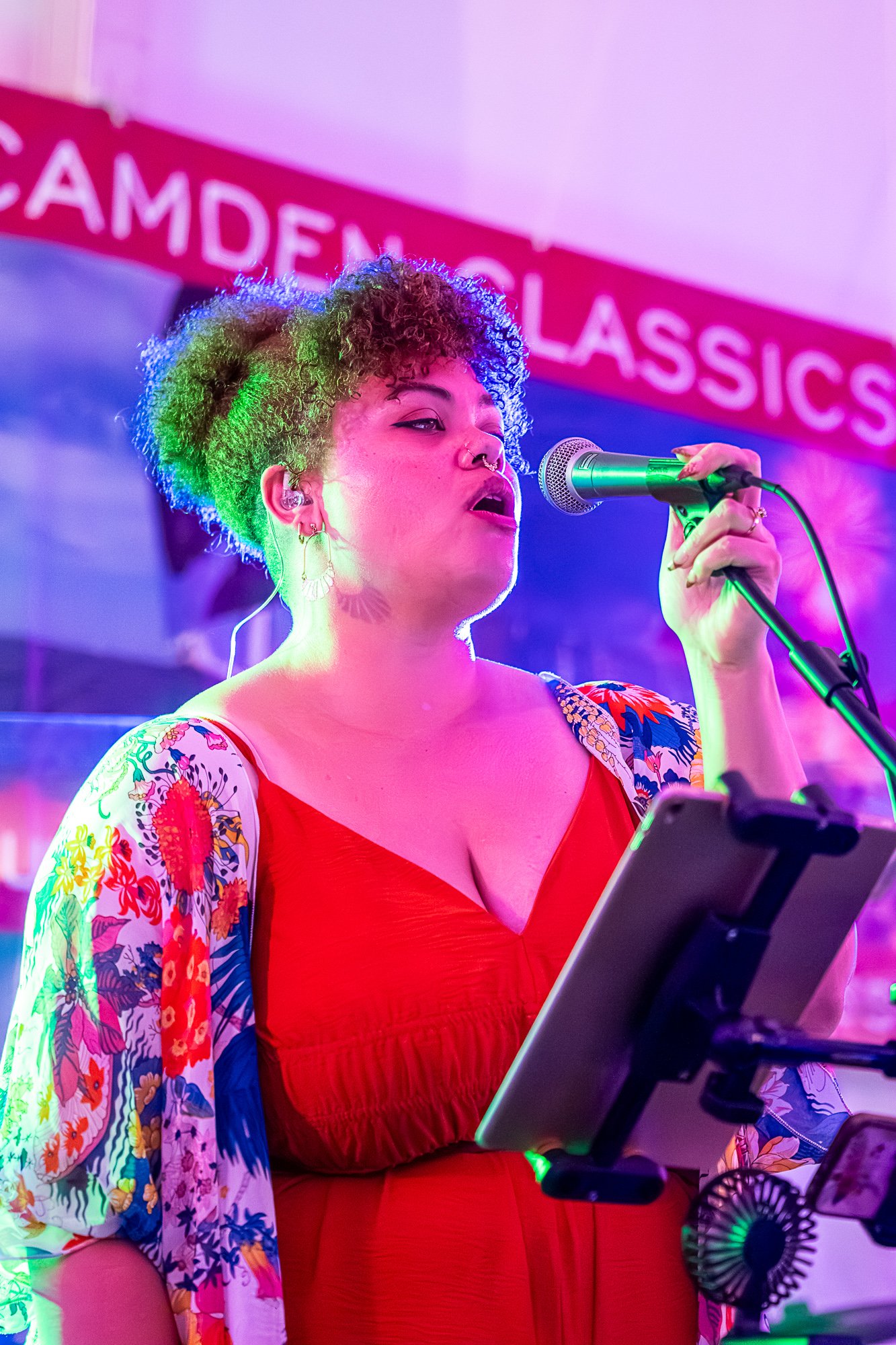 A woman with curly hair singing into a microphone at a performance or event with a colorful background and a sign that reads 'Camden Classics'.