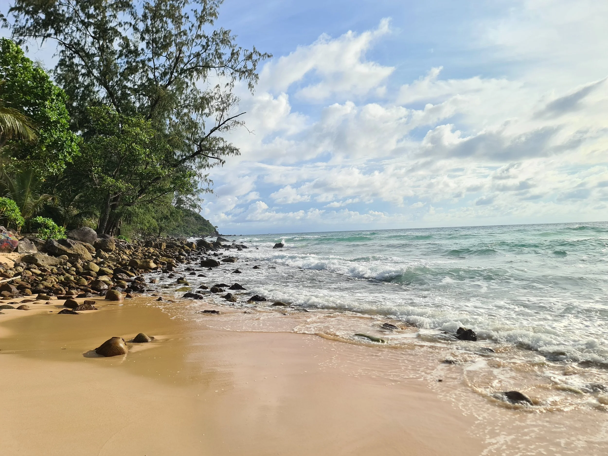 Strand mit Sand, Steinen und Wellen, umgeben von grünen Bäumen bei sonnigem Himmel.