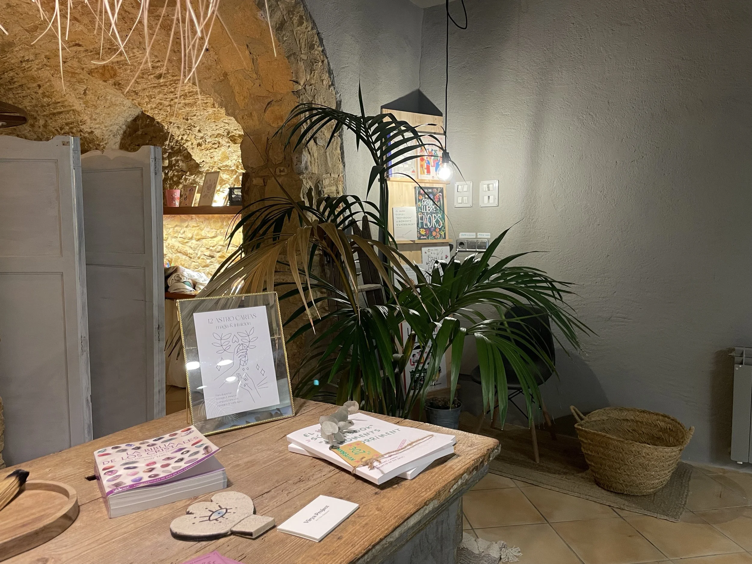 Interior de un espacio con mesa de madera, plantas verdes, carteles y libros en un ambiente decorado con paredes de piedra y techos curvados.
