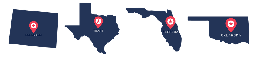 Map of the United States highlighting Colorado, Texas, Florida, and Oklahoma with location markers.