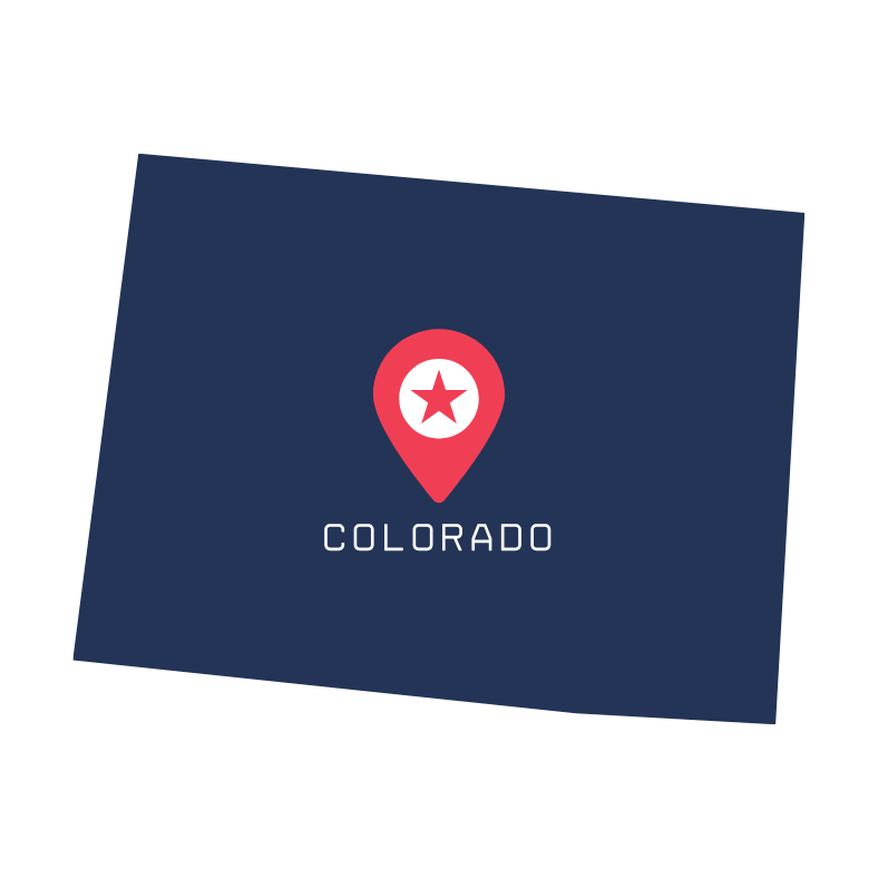 A dark blue background with a red location pin icon featuring a white star inside, and the word "COLORADO" below it.