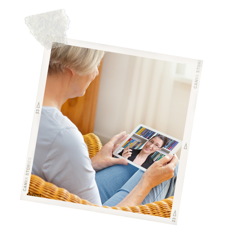 An elderly woman using a tablet to video chat with a smiling woman in front of a bookshelf.