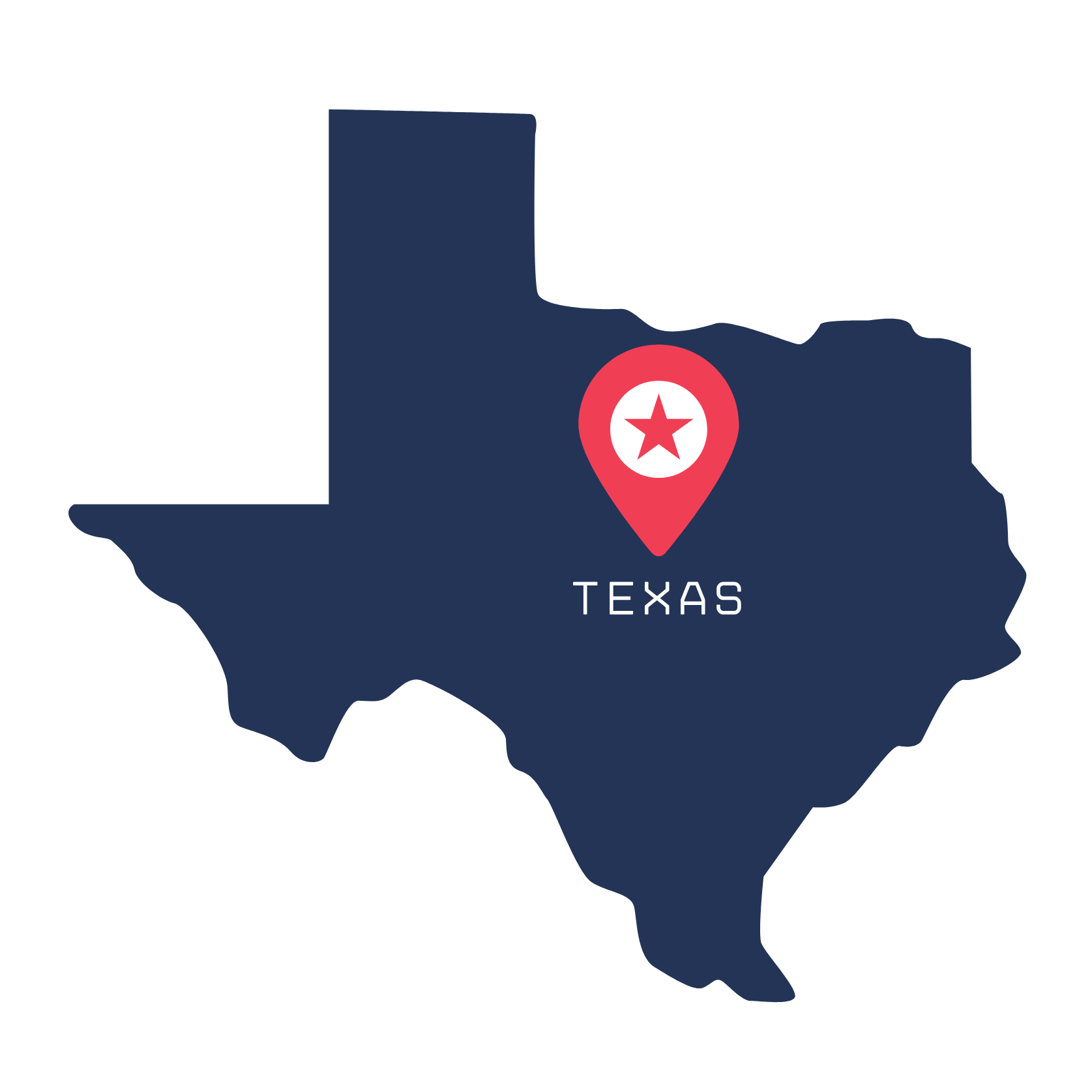 Outline map of Texas state with a star marker indicating a location and the word TEXAS written beneath.