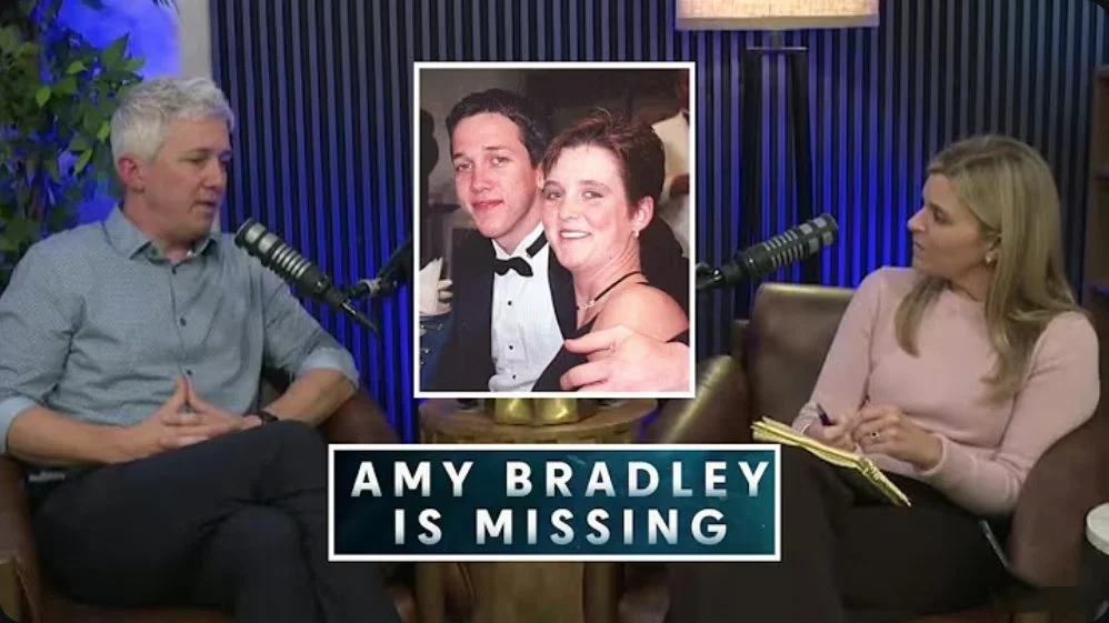 Two people in a podcast studio, a man on the left and a woman on the right, are sitting with microphones. There is a large photograph of a young man and a woman in the center, with the caption "A MY BRADLEY IS MISSING."