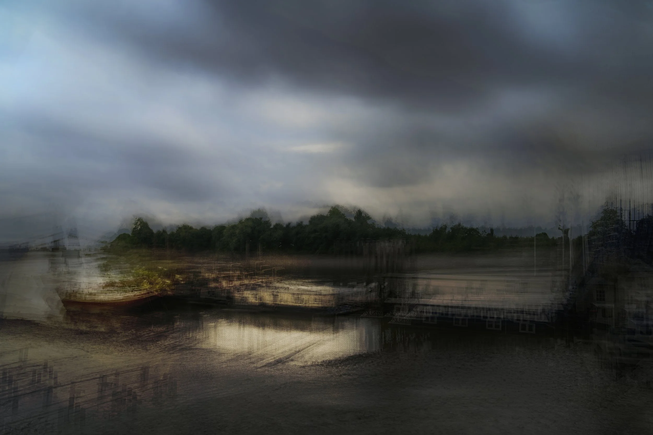 subjective-view-thames abstract view of open boats by a small jetty on the River Thames, dark and moody colours