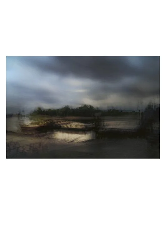 subjective-view-thames abstract view of open boats by a small jetty on the River Thames, dark and moody colours