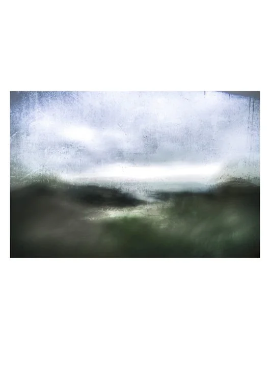 subjective-view-northumbria - a blue green and grey toned moody image of a glowering sky over sea and grass covered dunes