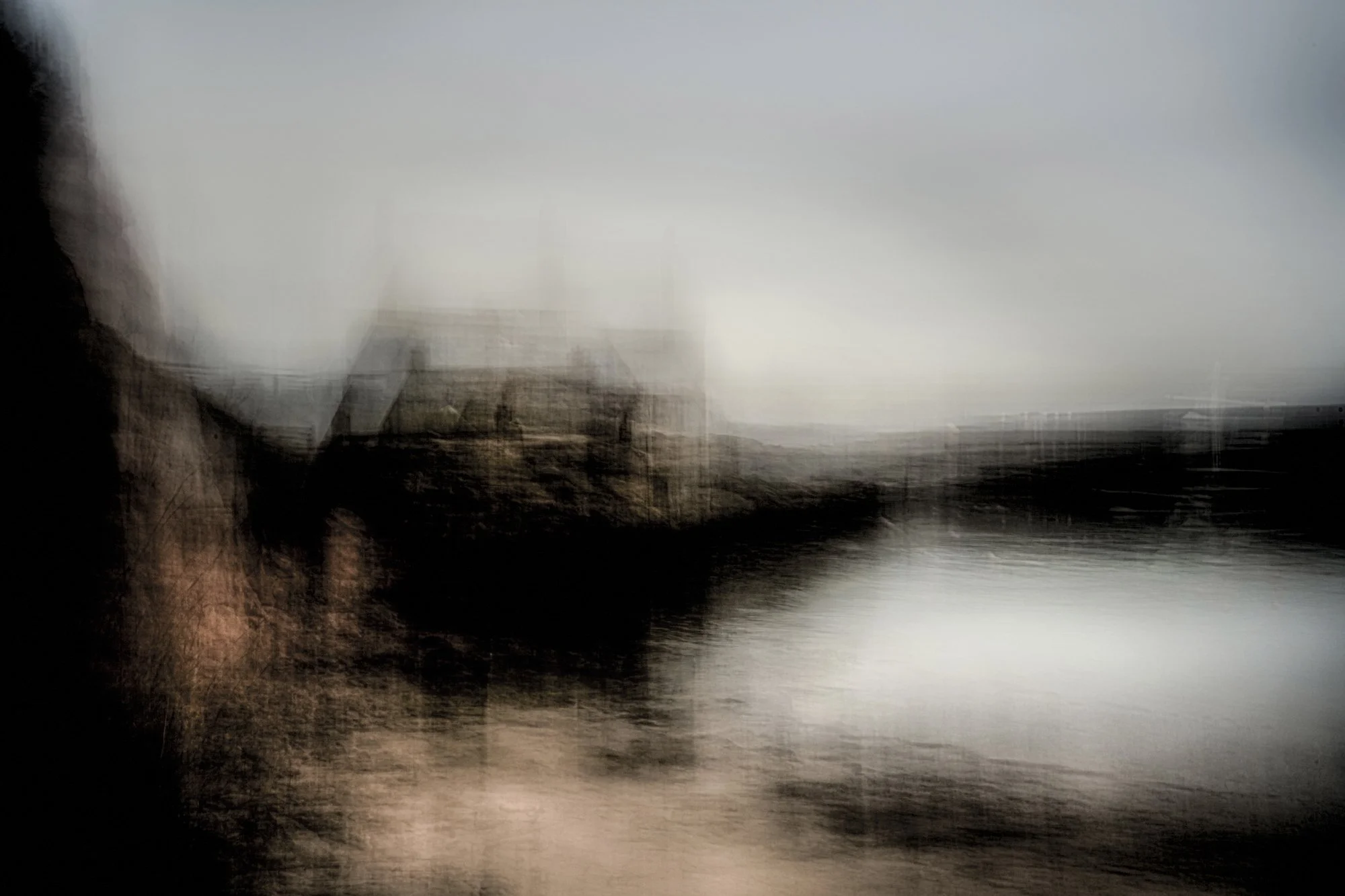 subjective-view-fishing  a small rustic fishermans cottage overlooking a tiny brick built harbour, colours of black and bronze and orange and grey