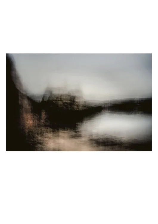 subjective-view-fishing  a small rustic fishermans cottage overlooking a tiny brick built harbour, colours of black and bronze and orange and grey