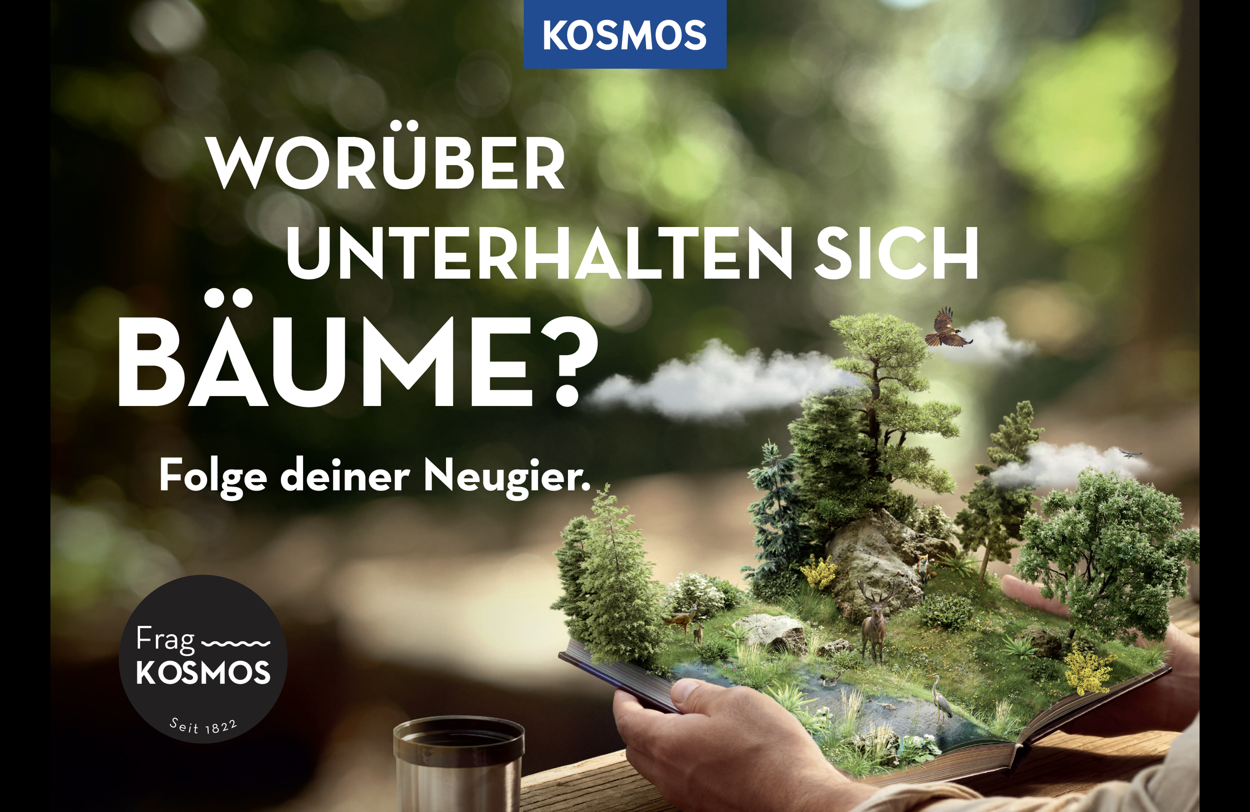 Buch mit Modell einer Waldlandschaft, umgeben von Bäumen, Tieren und Wolken, auf einem Tisch. Über dem Bild steht der Text: 'Worüber unterhalten sich Bäume? Folge deiner Neugier.'