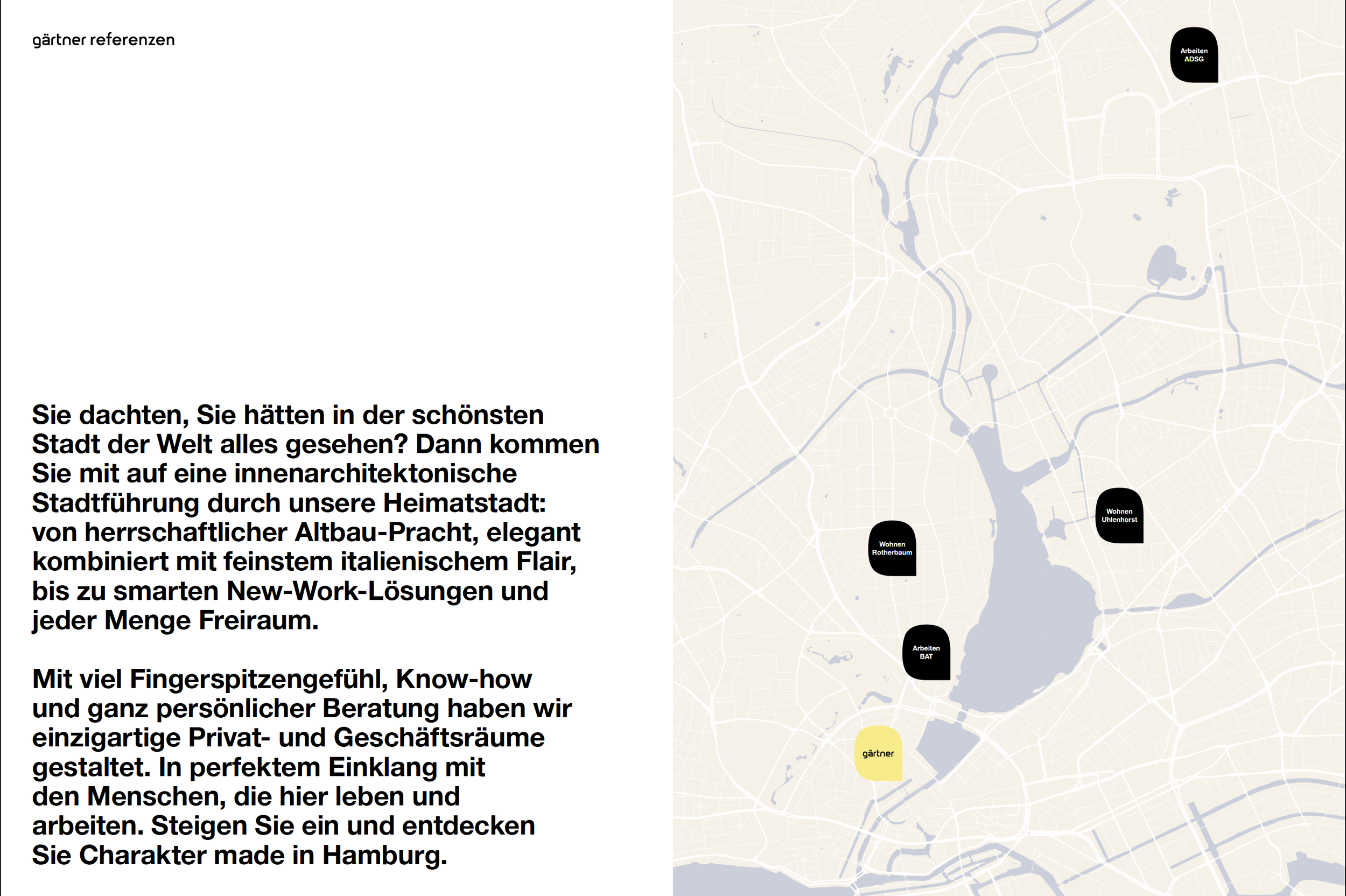 Karte von Hamburg mit schwarzen und gelben Markierungen für Wohn- und Arbeitsbereiche sowie Sehenswürdigkeiten, sowie ein Textabschnitt in deutscher Sprache, der die Stadt Hamburg beschreibt.