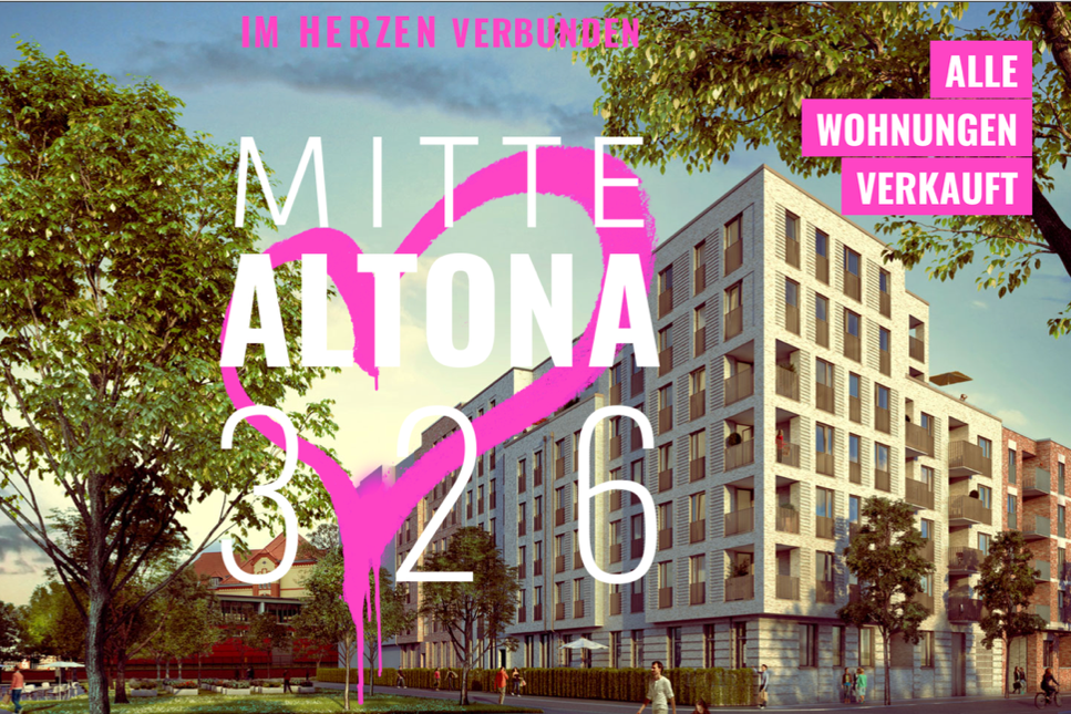 Key-Visual für den Verkauf von Wohnungen in Altona, Hamburg, mit einem modernen Gebäudekomplex, Bäumen und einigen Fußgängern im Vordergrund, sowie einem Graffiti-Herz in pink