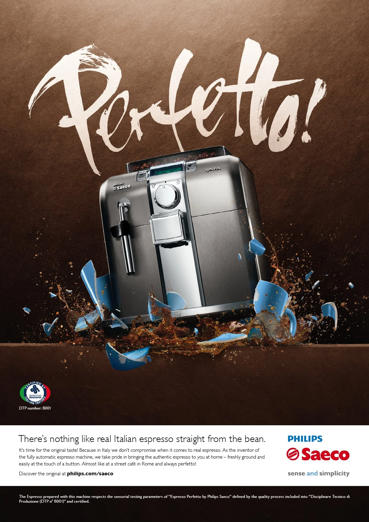 Kaffeemaschine, die beim Herunterfallen zersplittert, mit der Aufschrift 'Perfetto!' im Hintergrund. Untertitel beschreibt Espresso aus Italien.