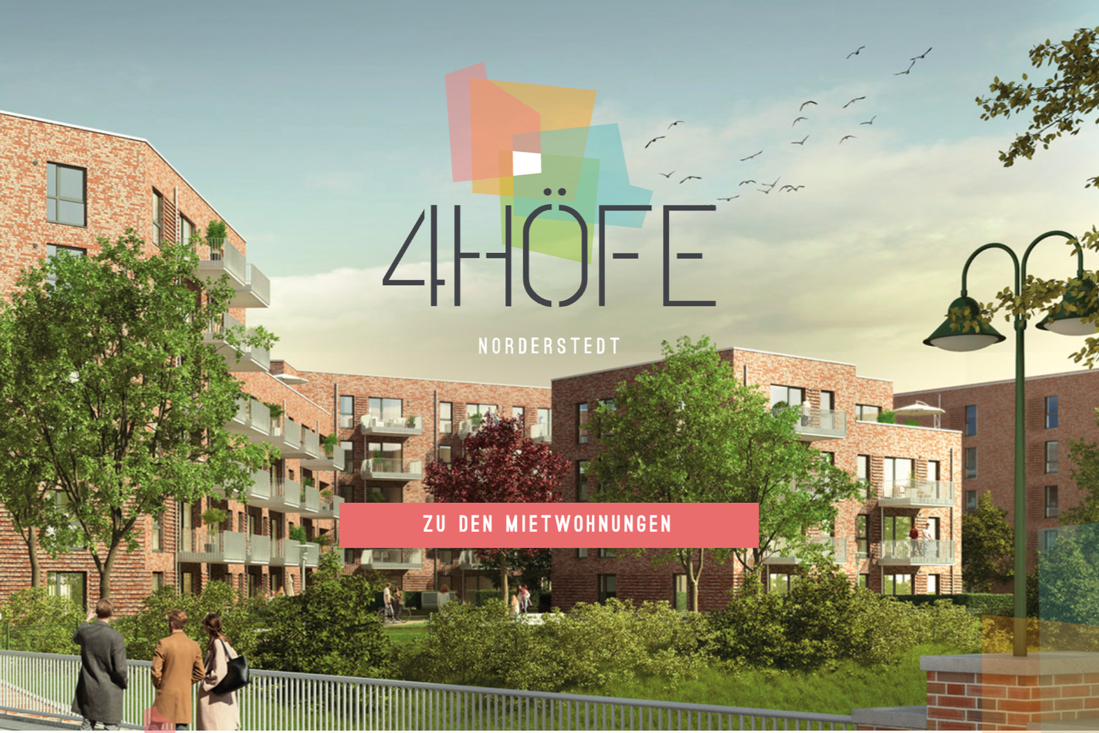 Visualisierung eines modernen Wohnviertels mit roten Ziegelgebäuden, Bäumen und Spaziergängern. Text auf dem Bild: '4HÖFE Norderstedt' und 'Zu den Mietwohnungen'.