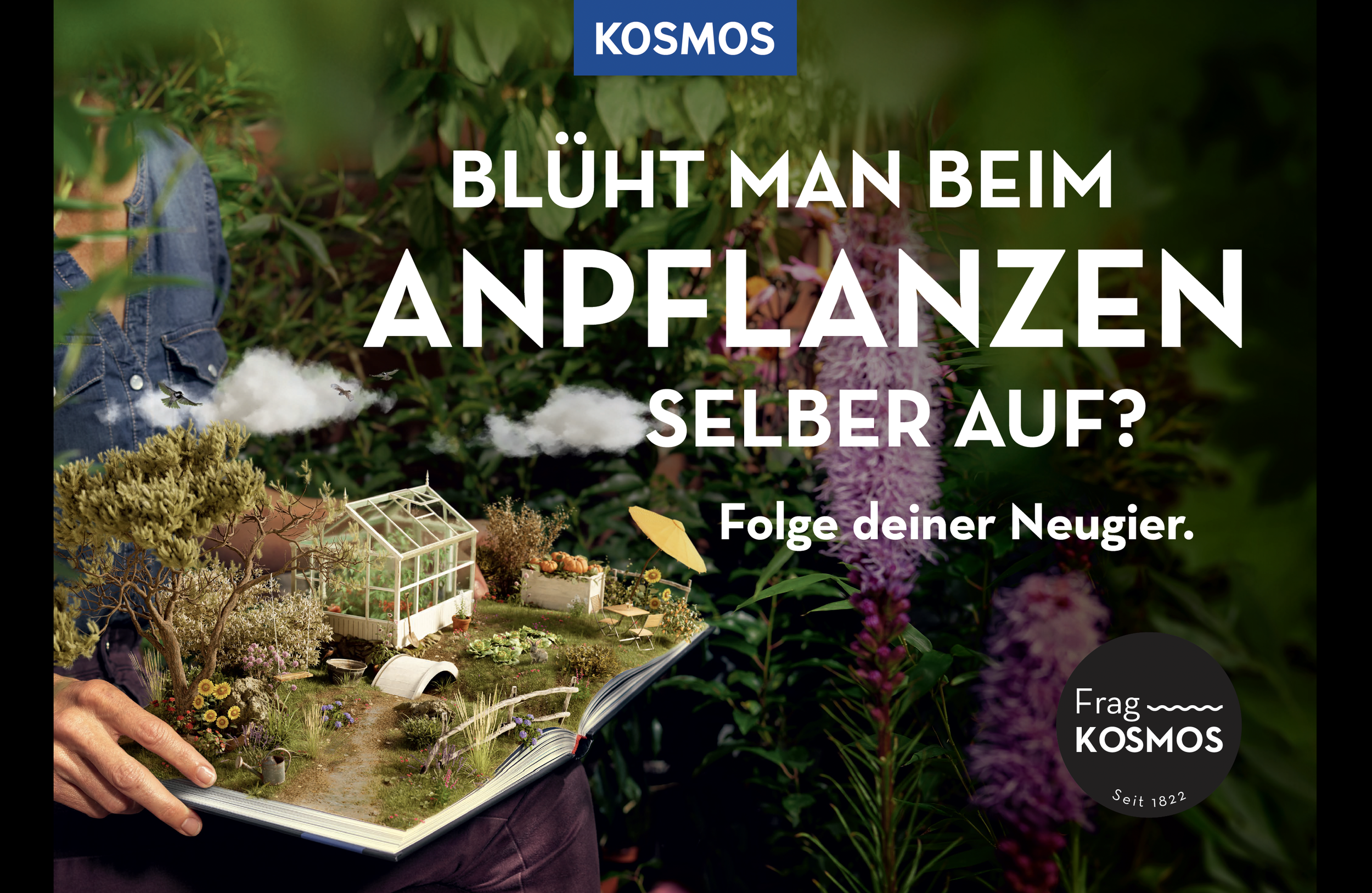 Bild mit Text über das Pflanzen, mit einer Miniaturlandschaft in einer offenen Buchseite. Das Bild enthält ein Logo von KOSMOS in der unteren rechten Ecke.