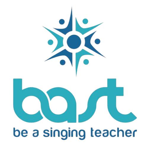 A logo with a stylized star and circle design above the text 'bast' and 'be a singing teacher' in blue colors.
