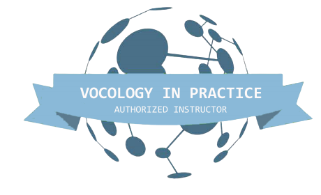 Logo for Vocalogy in Practice, an authorized instructor, featuring interconnected cells or molecules in blue tones.