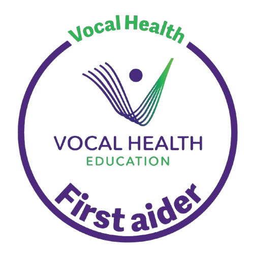Logo featuring a clock with text 'Vocal Health', 'First Aider', and 'Vocal Health Education', including a stylized image of vocal cords and a speech bubble.